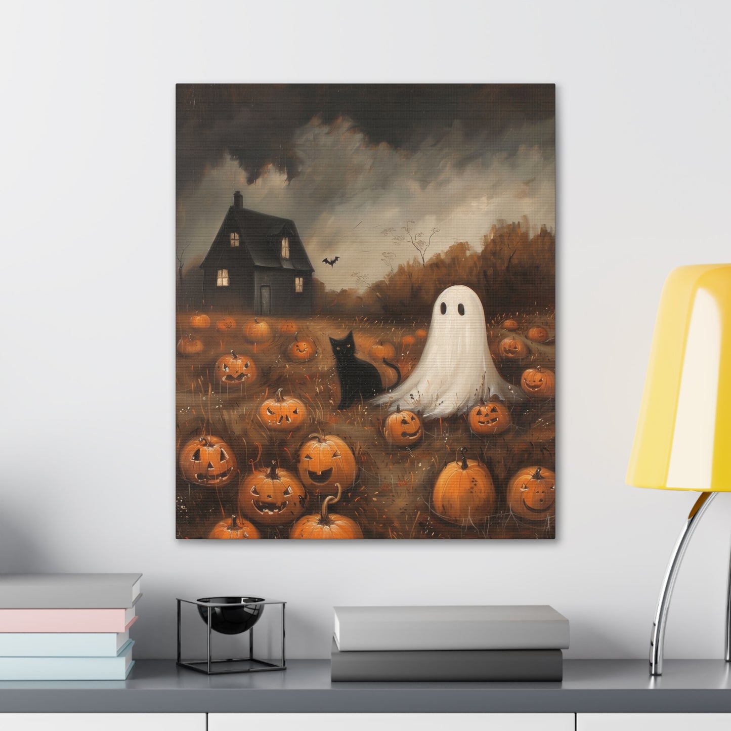 Ghost And Black Cat Canvas Wall Art
