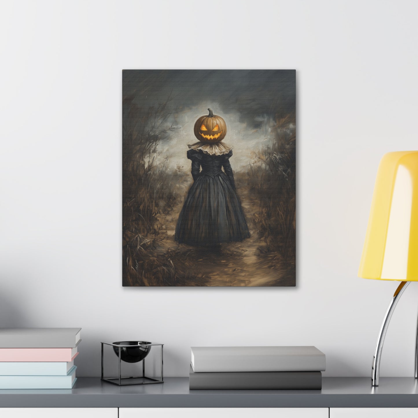 Girl With Pumpkin Head Canvas Wall Art