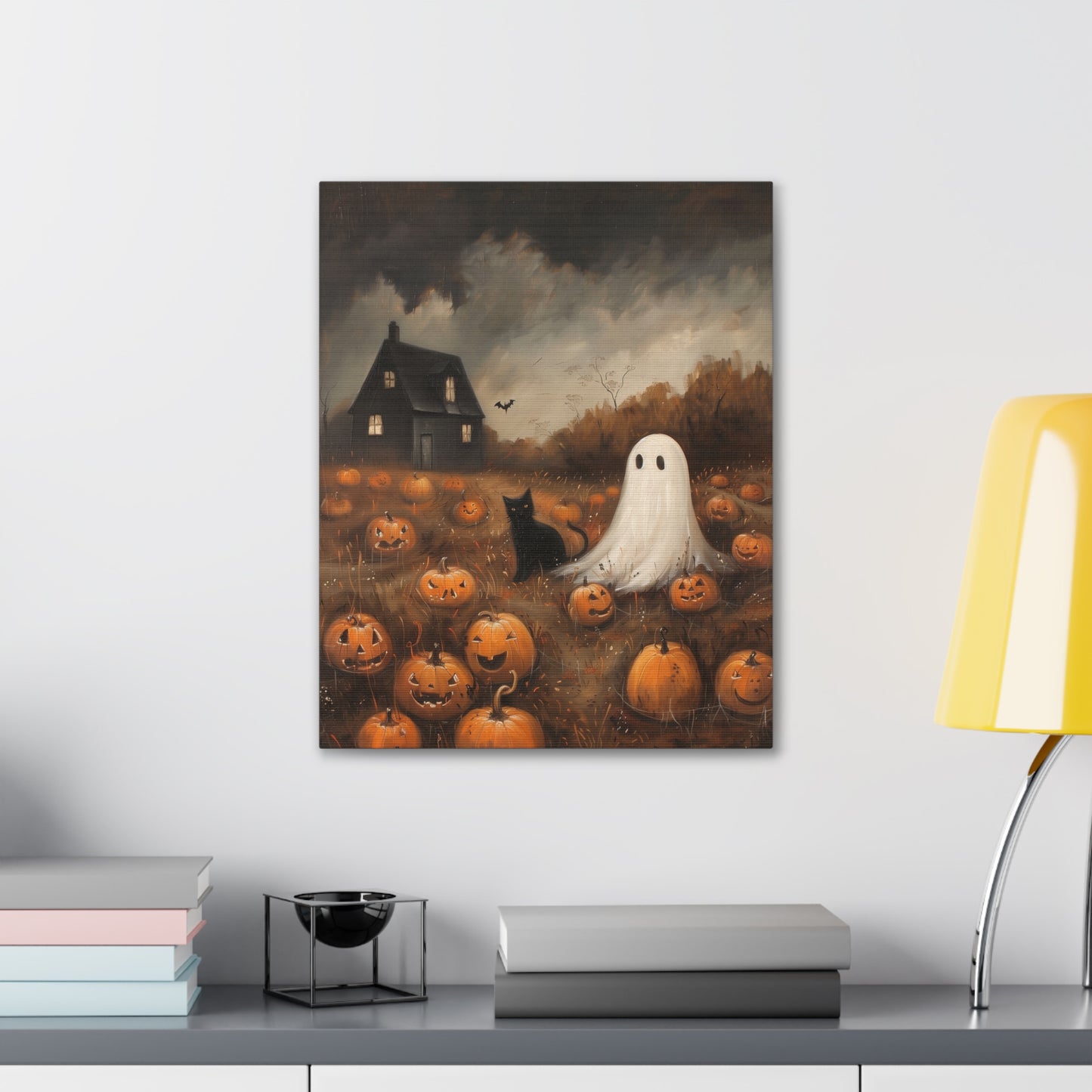 Ghost And Black Cat Canvas Wall Art