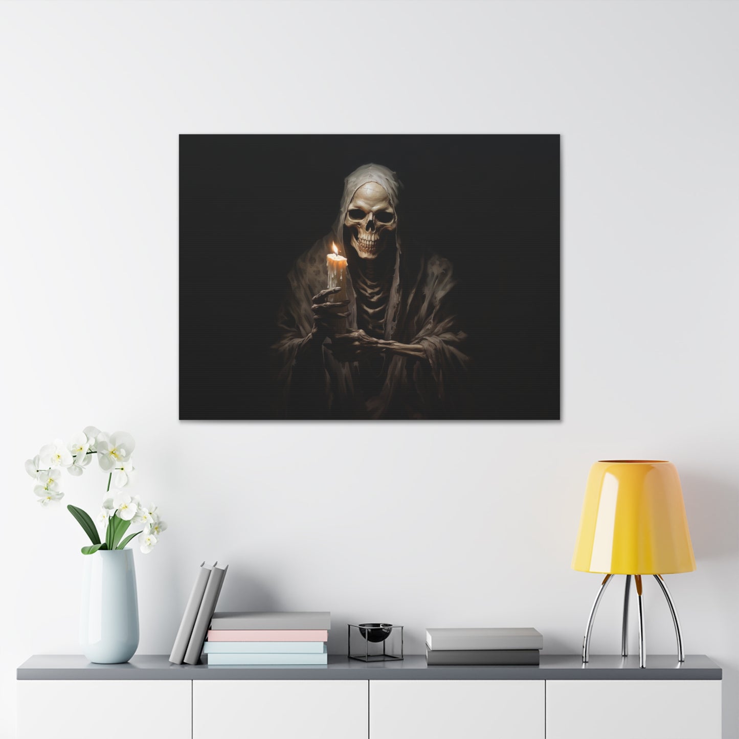 Skeleton Holding A Candle Dark Academia Canvas Wall Art