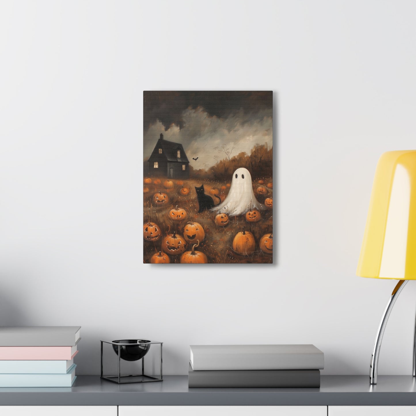Ghost And Black Cat Canvas Wall Art