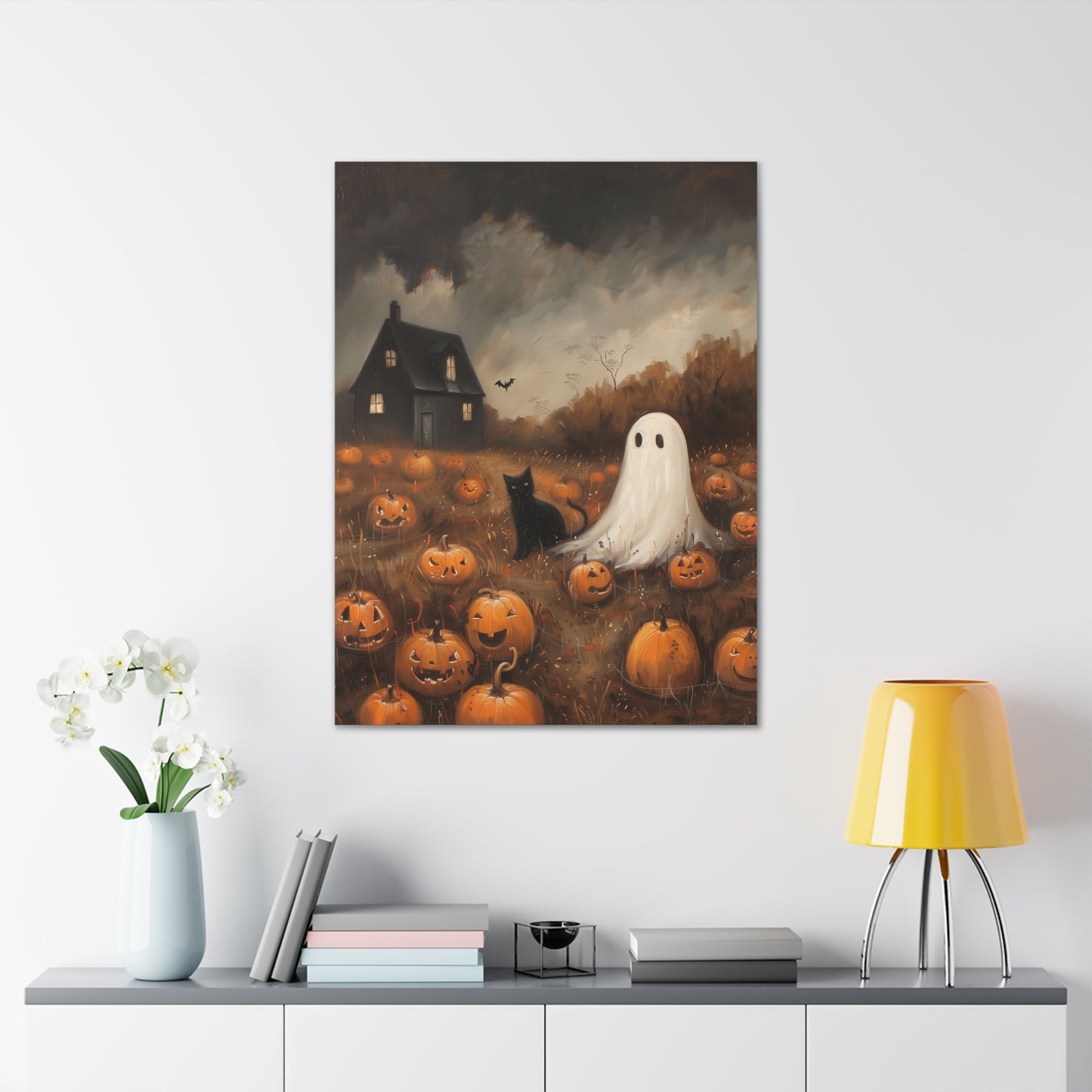 Ghost And Black Cat Canvas Wall Art
