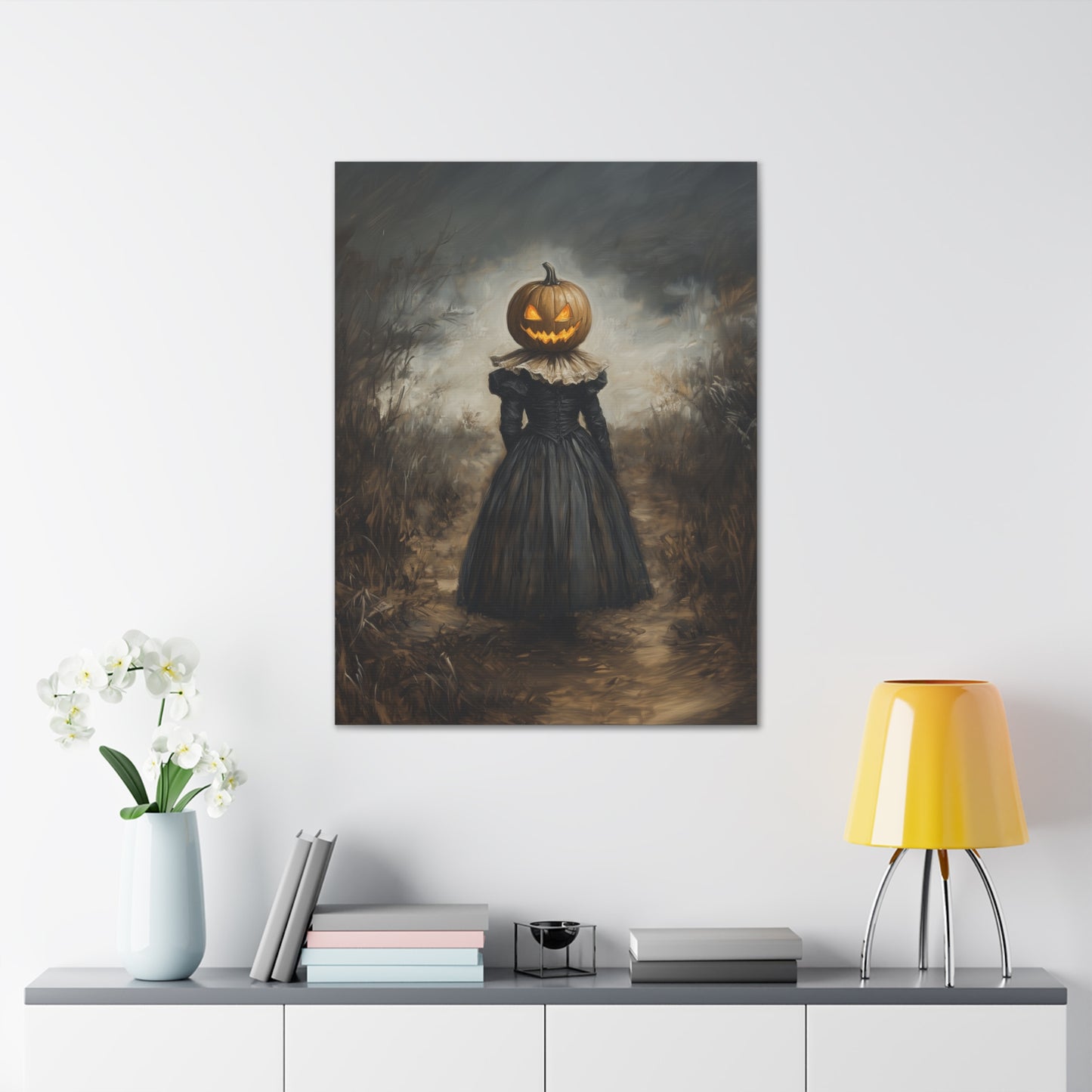 Girl With Pumpkin Head Canvas Wall Art