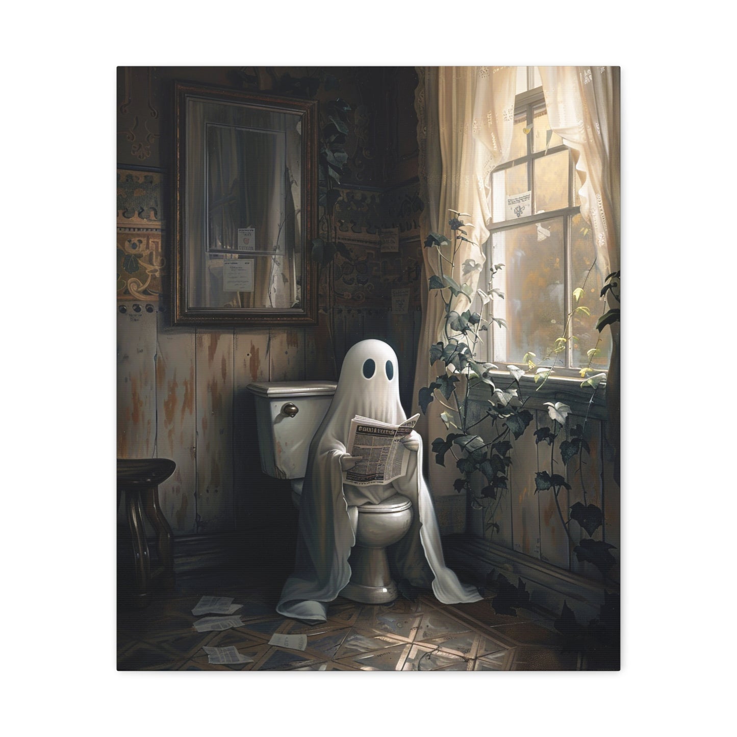 Ghost on Toilet Bathroom Canvas Wall Art
