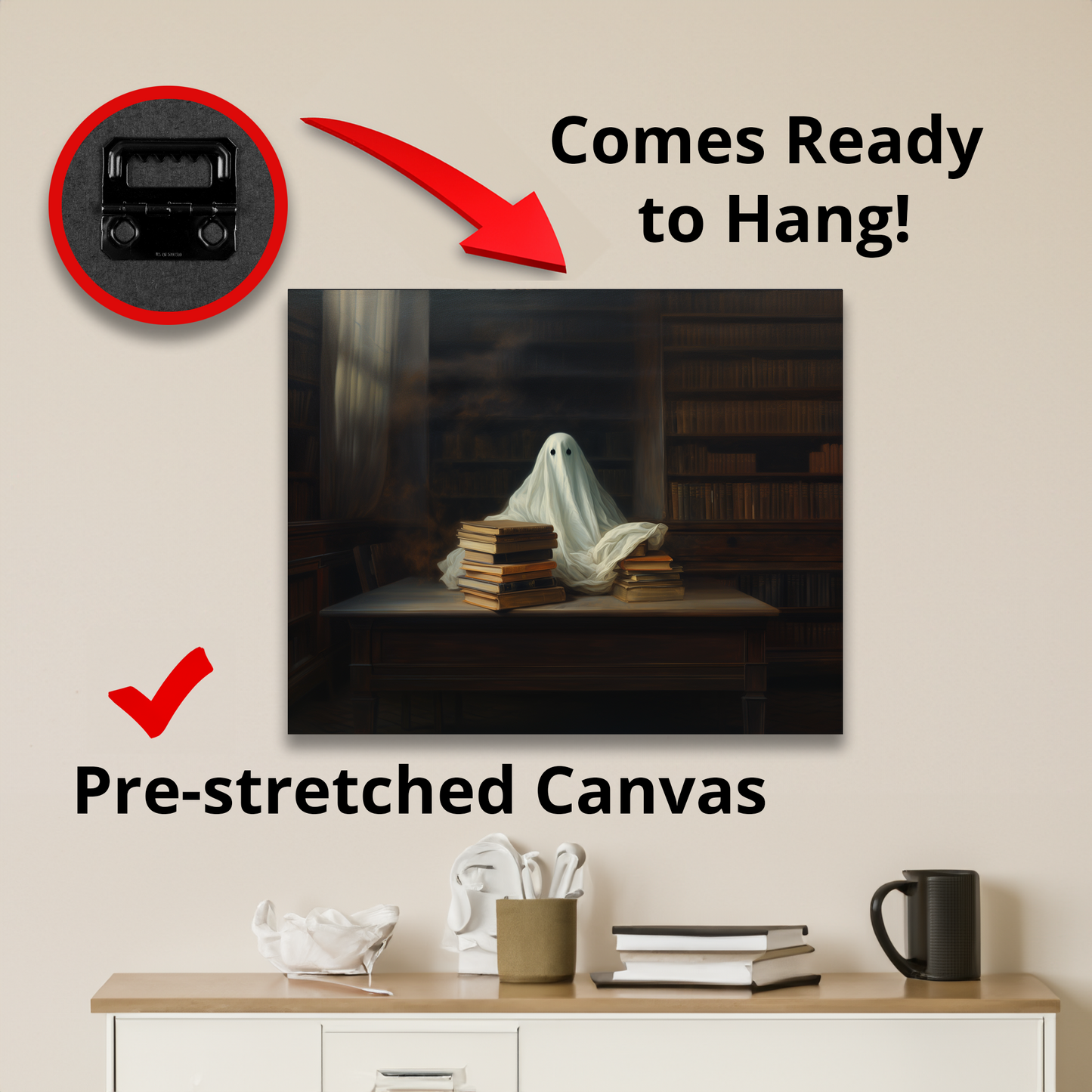 Ghost in Library Canvas Wall Art Halloween Decor