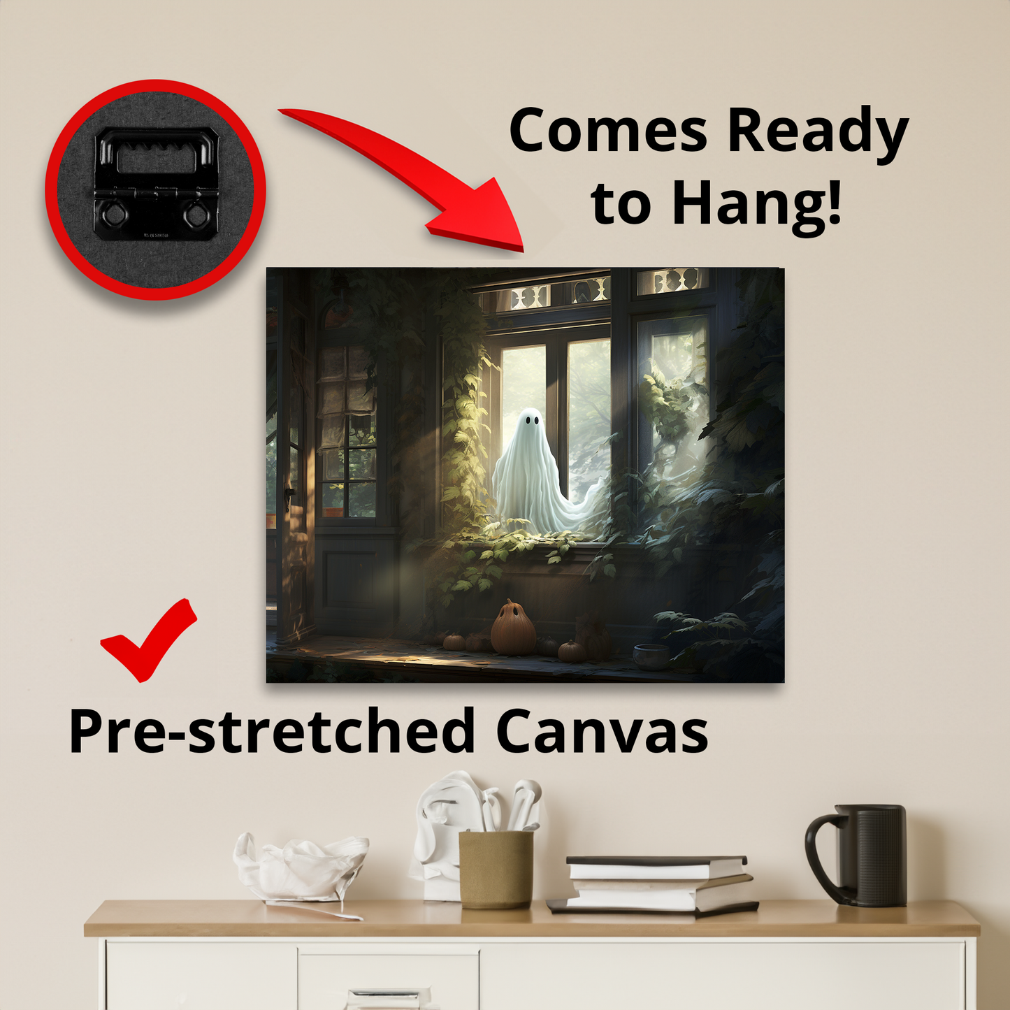 Ghost in Window Canvas Wall Art Halloween Decor
