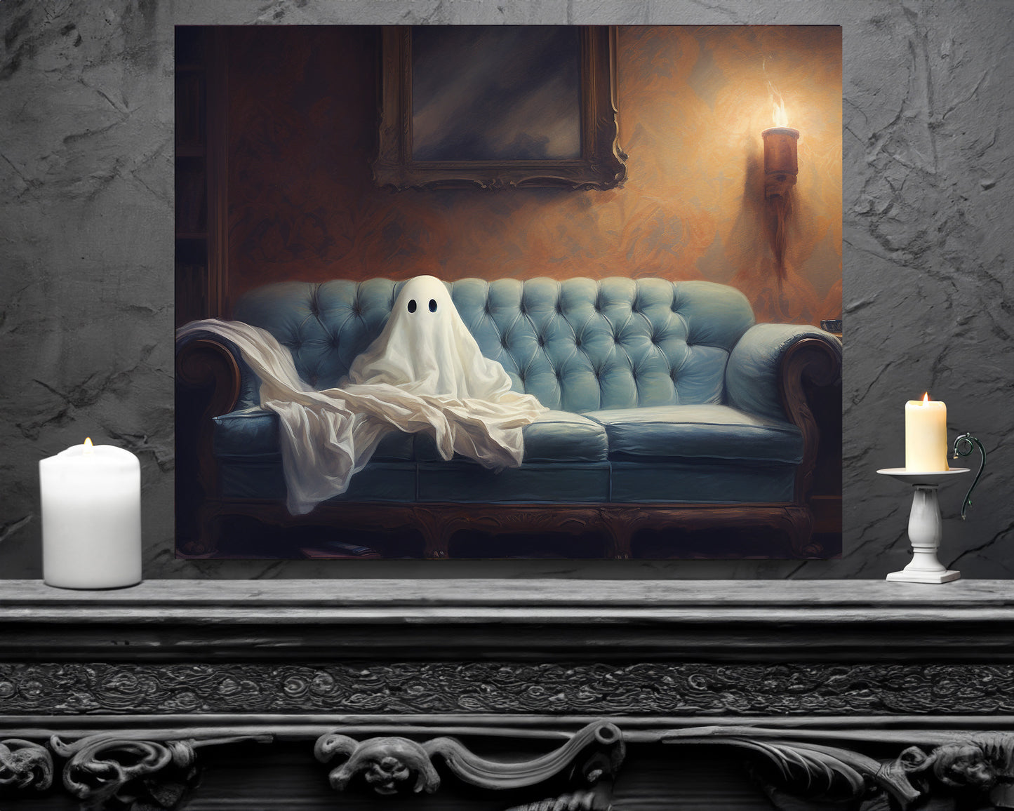 Ghost on Couch Canvas Wall Art Halloween Decor