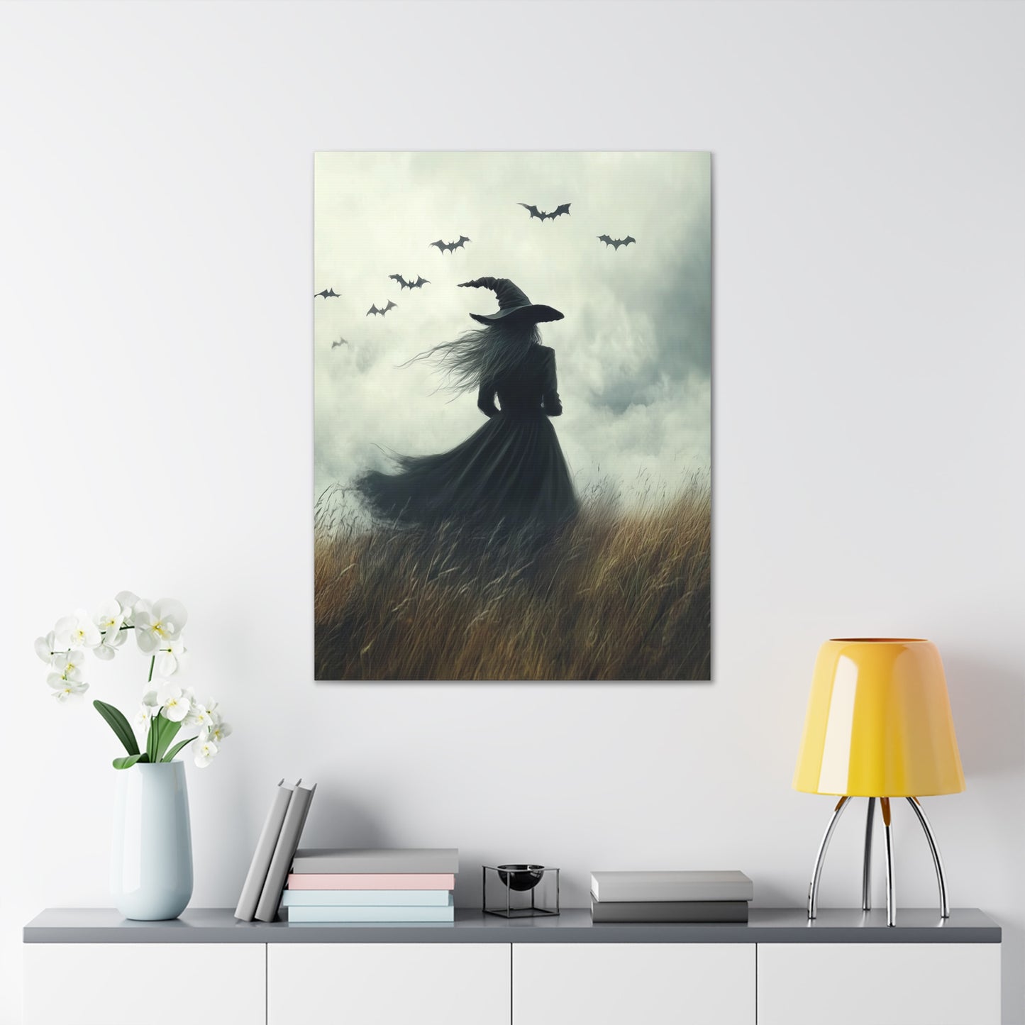 Witch And Bats Canvas Wall Art, Halloween Decor