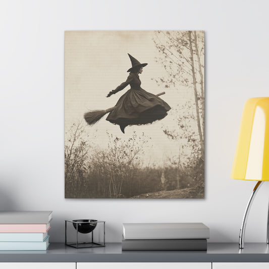 Witch on Broom Vintage Canvas Wall Art