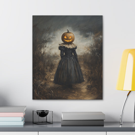 Girl With Pumpkin Head Canvas Wall Art