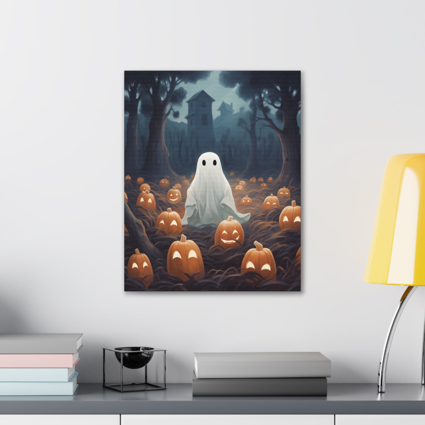 Ghost in Pumpkin Patch Canvas Wall Art