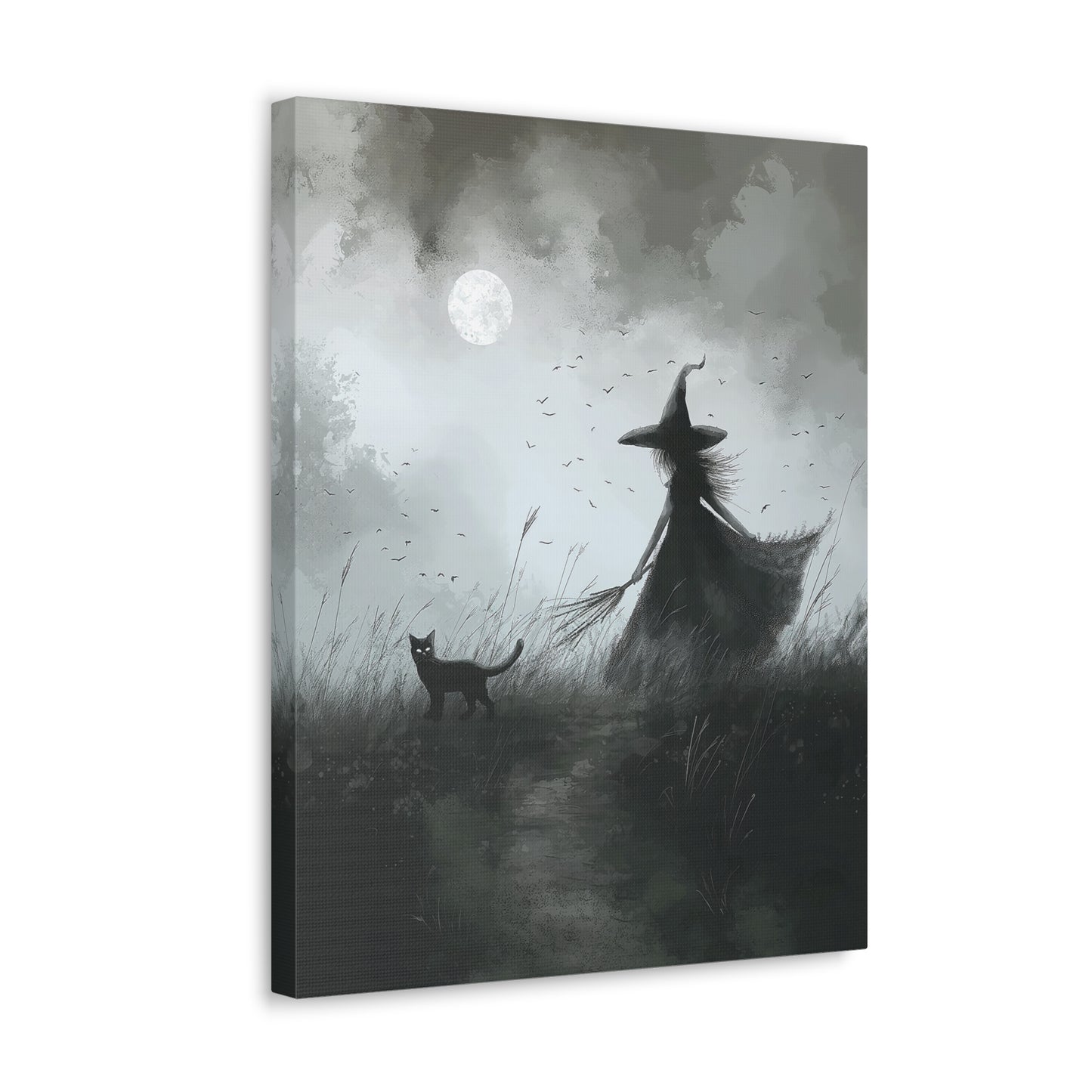 Witch And Black Cat Canvas Wall Art