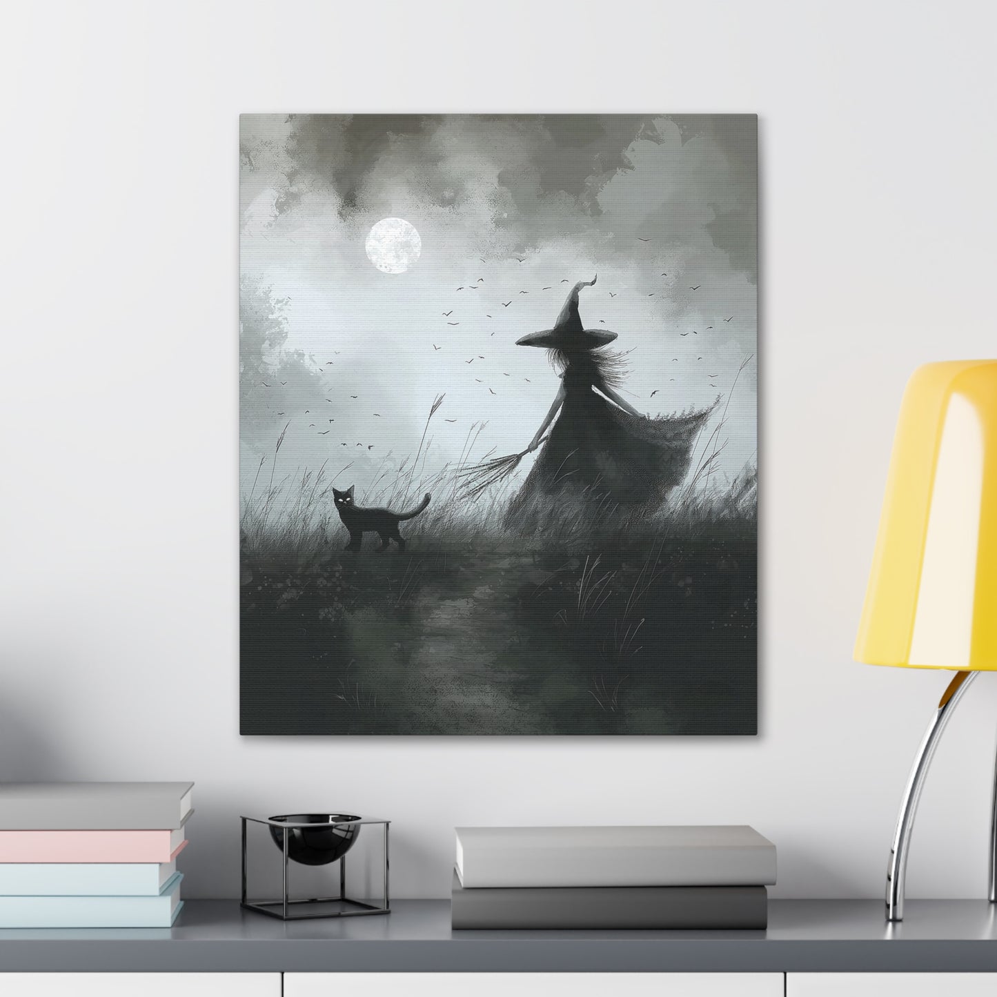 Witch And Black Cat Canvas Wall Art