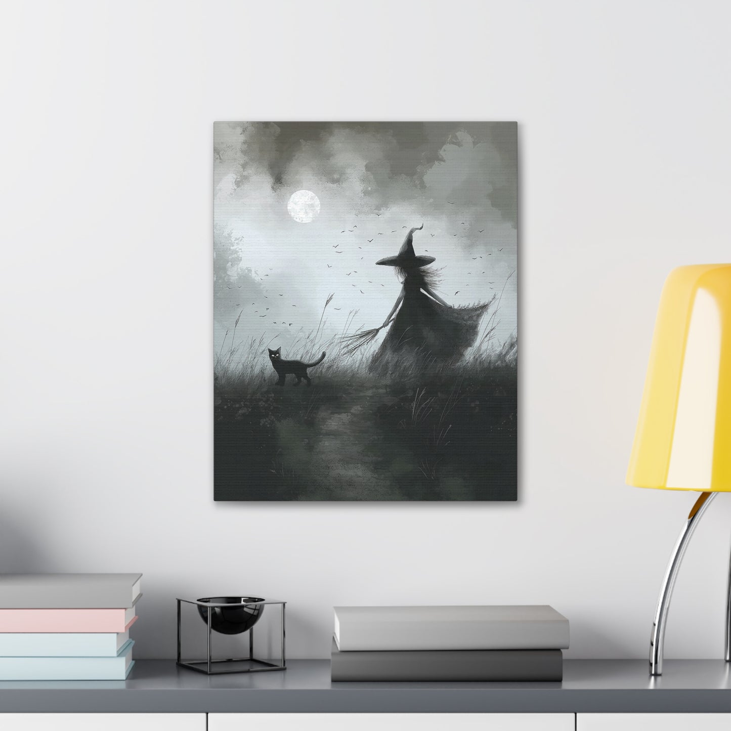 Witch And Black Cat Canvas Wall Art