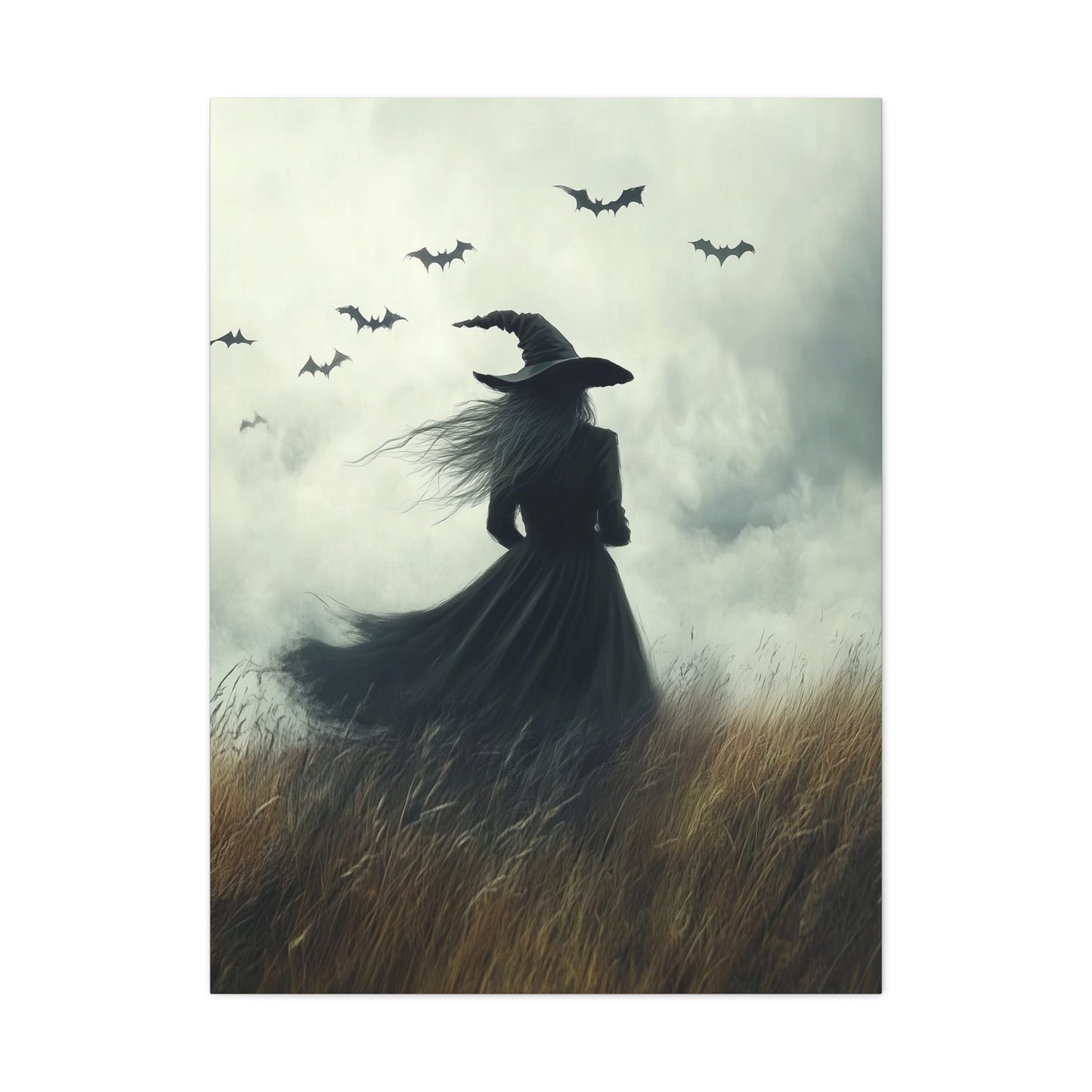 Witch And Bats Canvas Wall Art, Halloween Decor