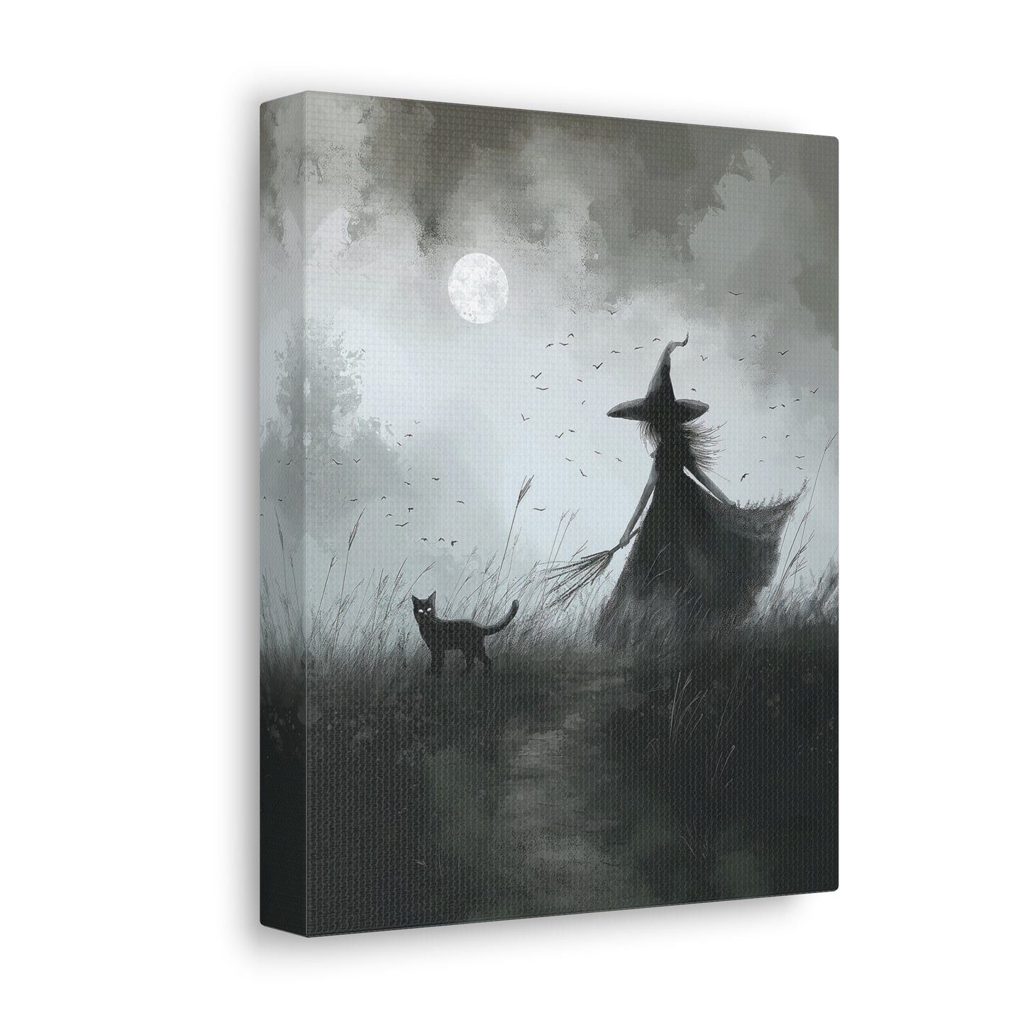 Witch And Black Cat Canvas Wall Art