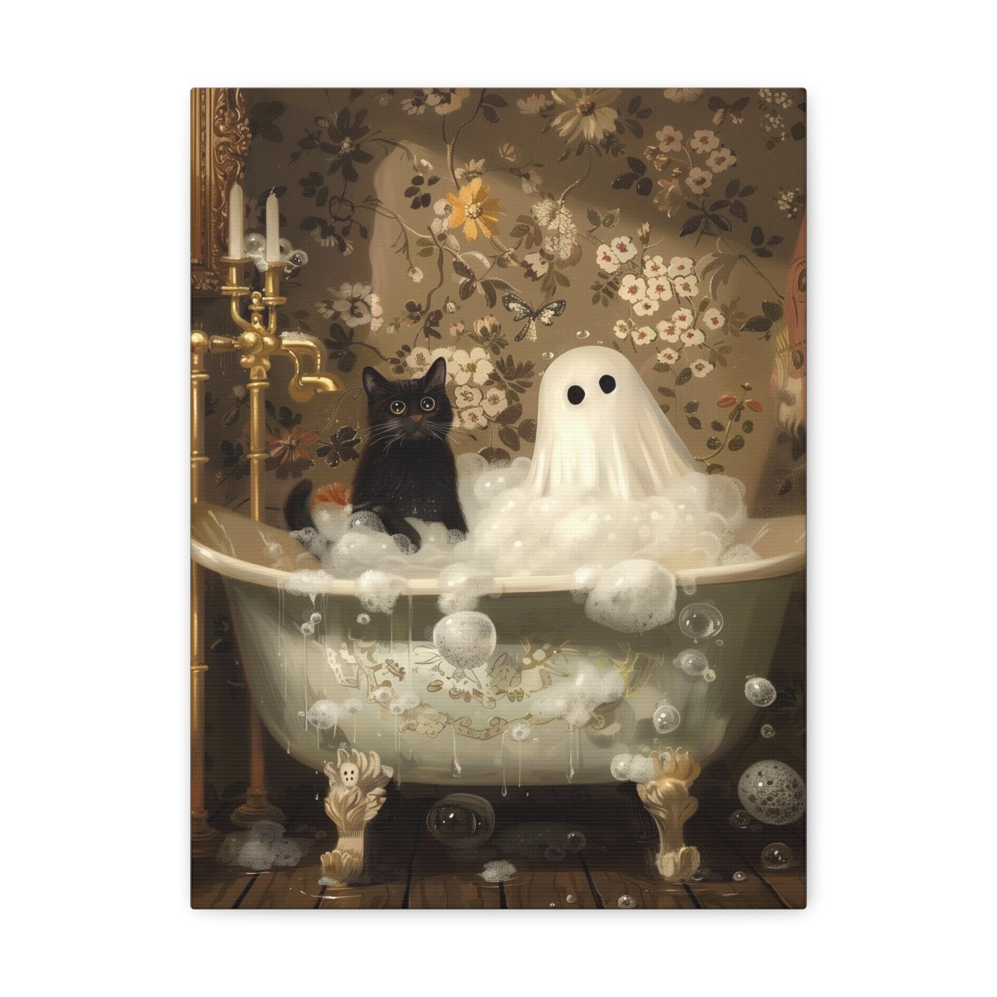 Ghost And Cat In Bathtub Canvas Wall Art