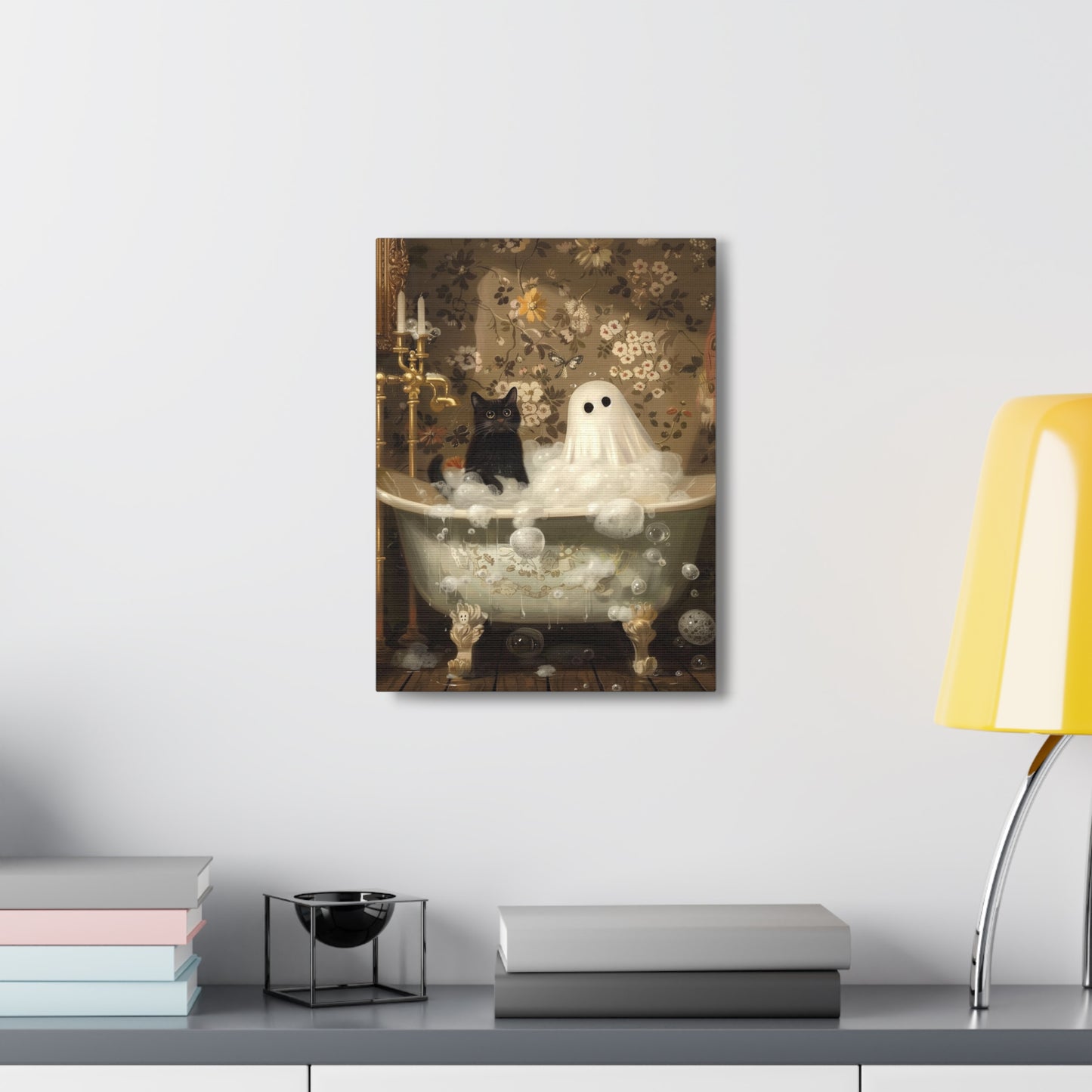 Ghost And Cat In Bathtub Canvas Wall Art