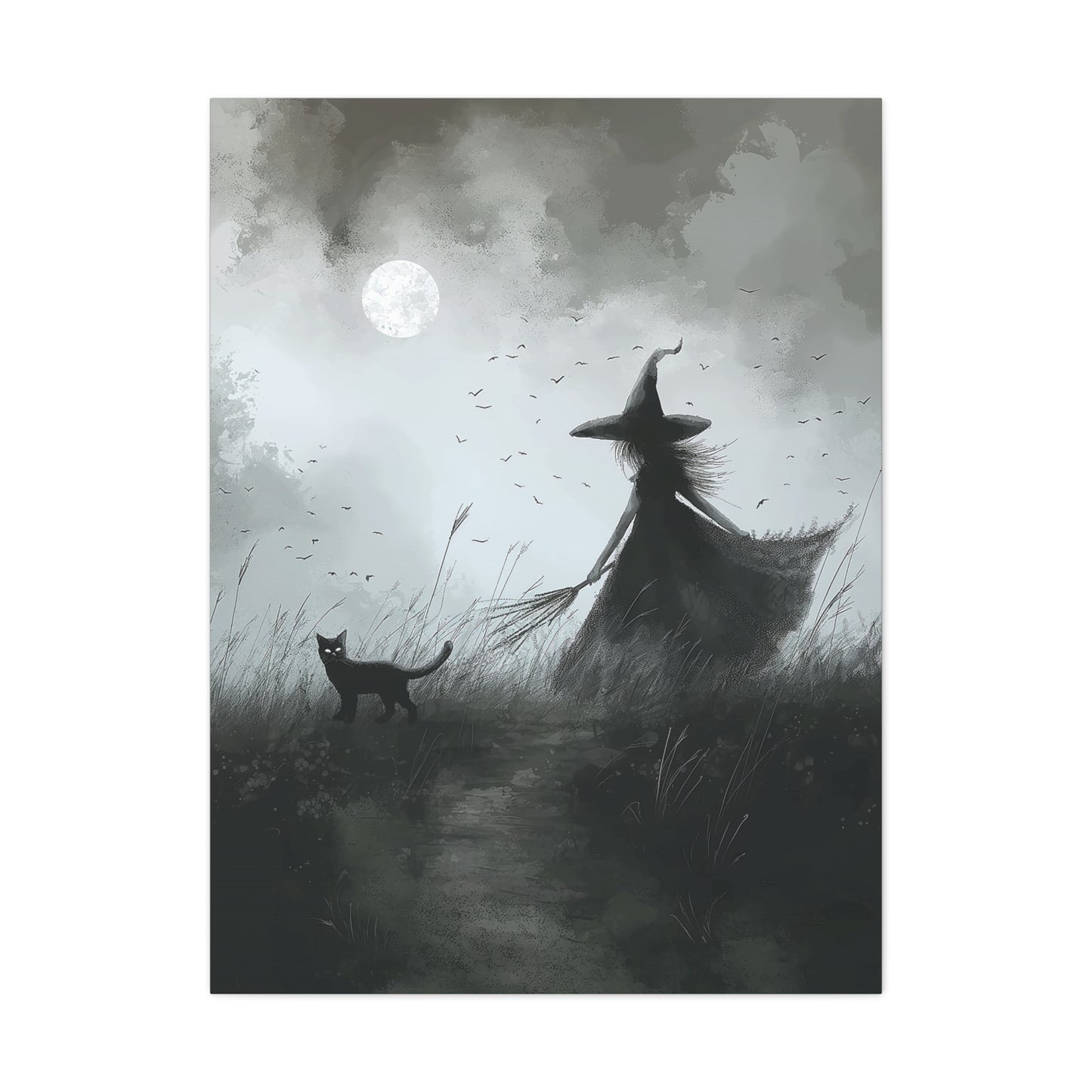 Witch And Black Cat Canvas Wall Art