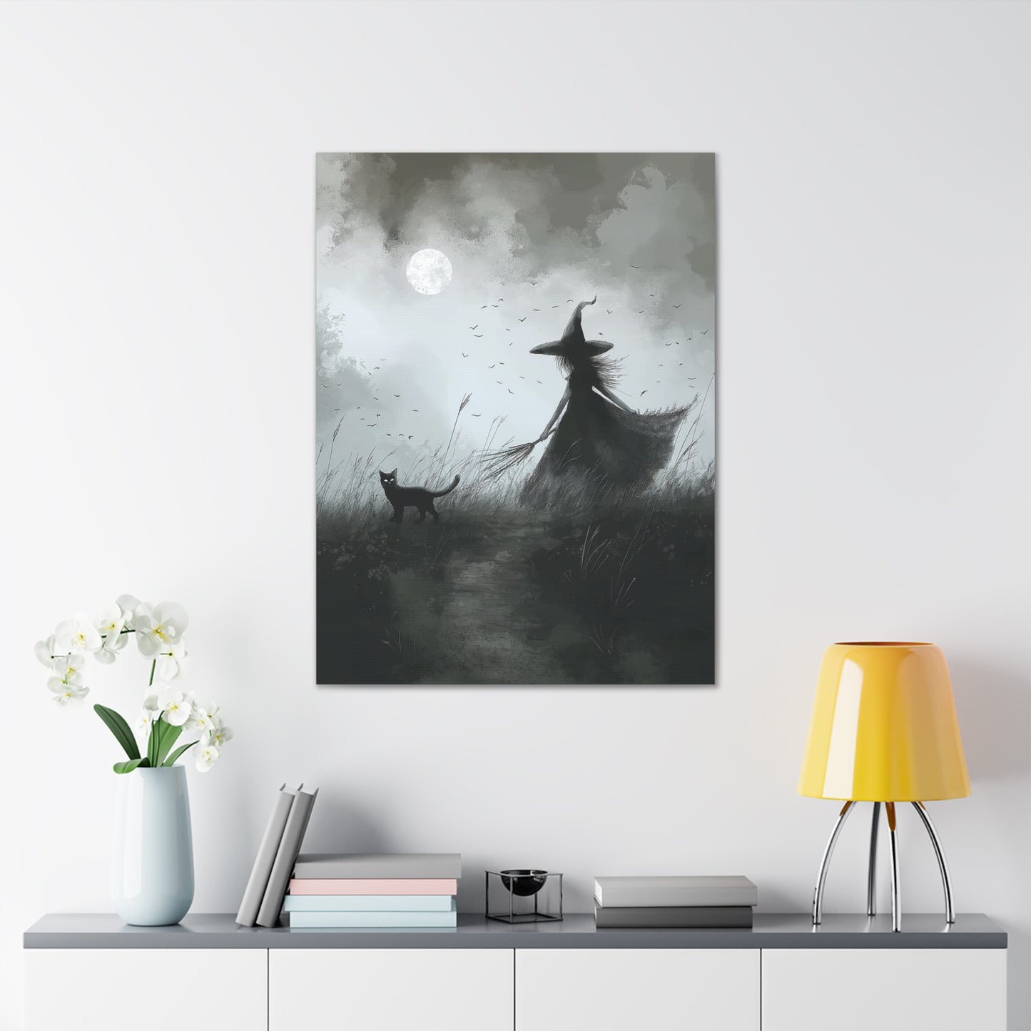 Witch And Black Cat Canvas Wall Art