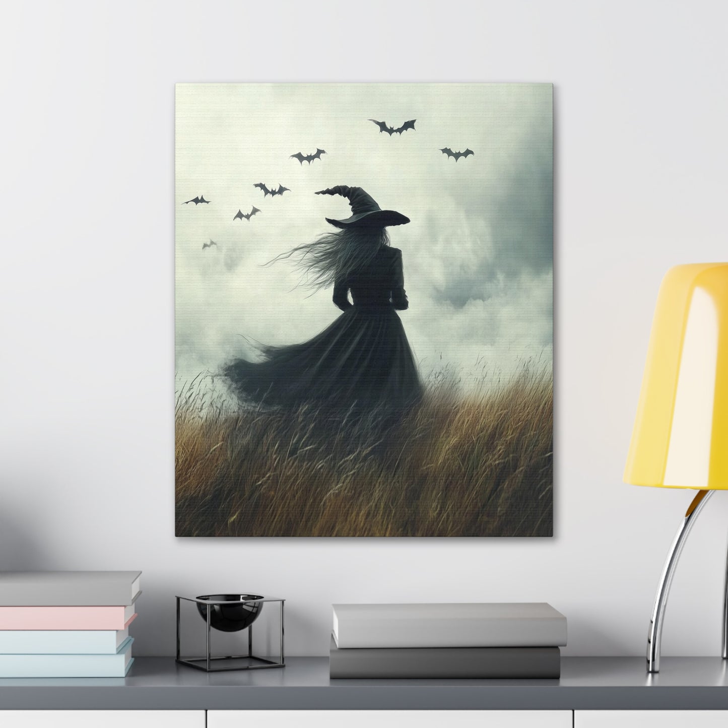 Witch And Bats Canvas Wall Art, Halloween Decor