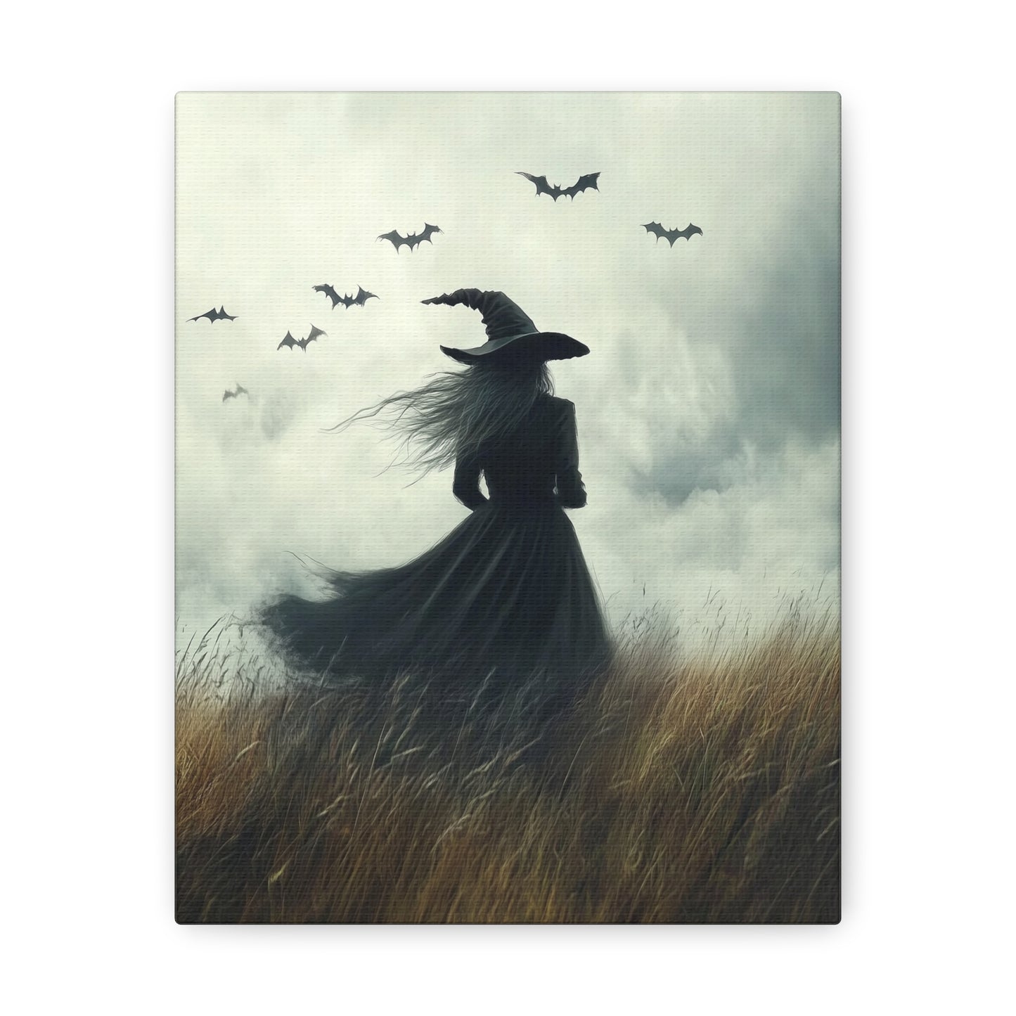 Witch And Bats Canvas Wall Art, Halloween Decor