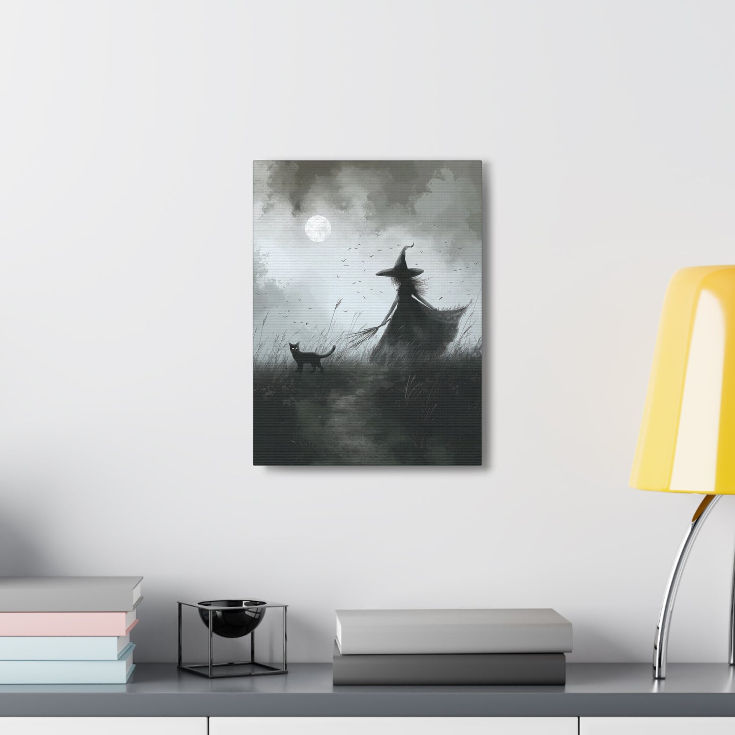 Witch And Black Cat Canvas Wall Art