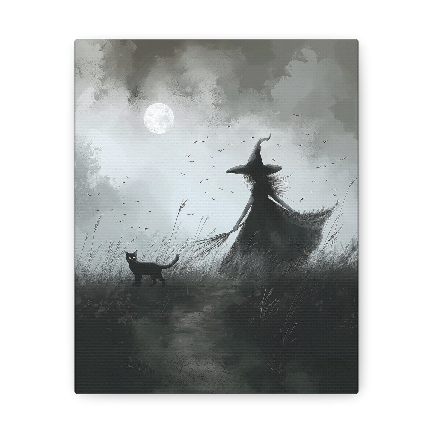 Witch And Black Cat Canvas Wall Art