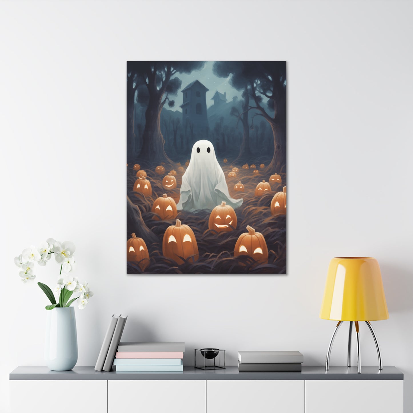 Ghost in Pumpkin Patch Canvas Wall Art