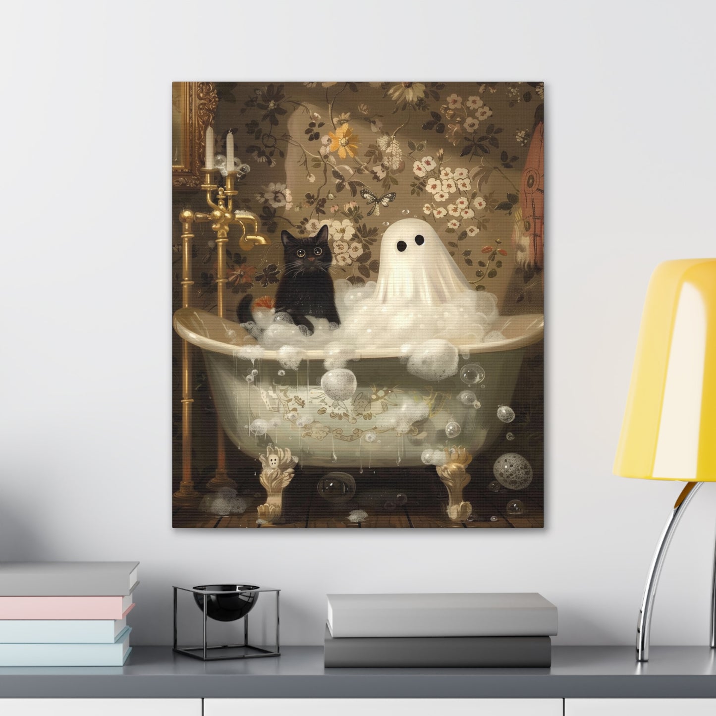 Ghost And Cat In Bathtub Canvas Wall Art