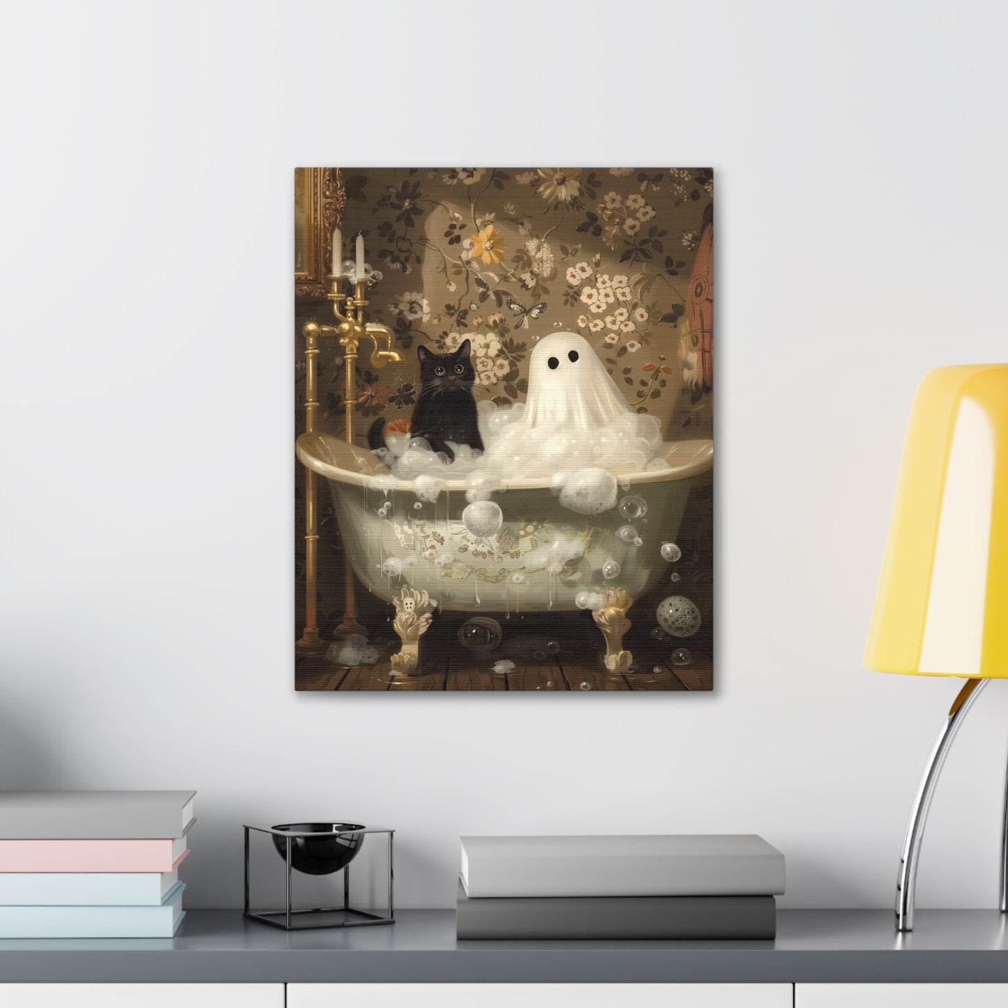 Ghost And Cat In Bathtub Canvas Wall Art