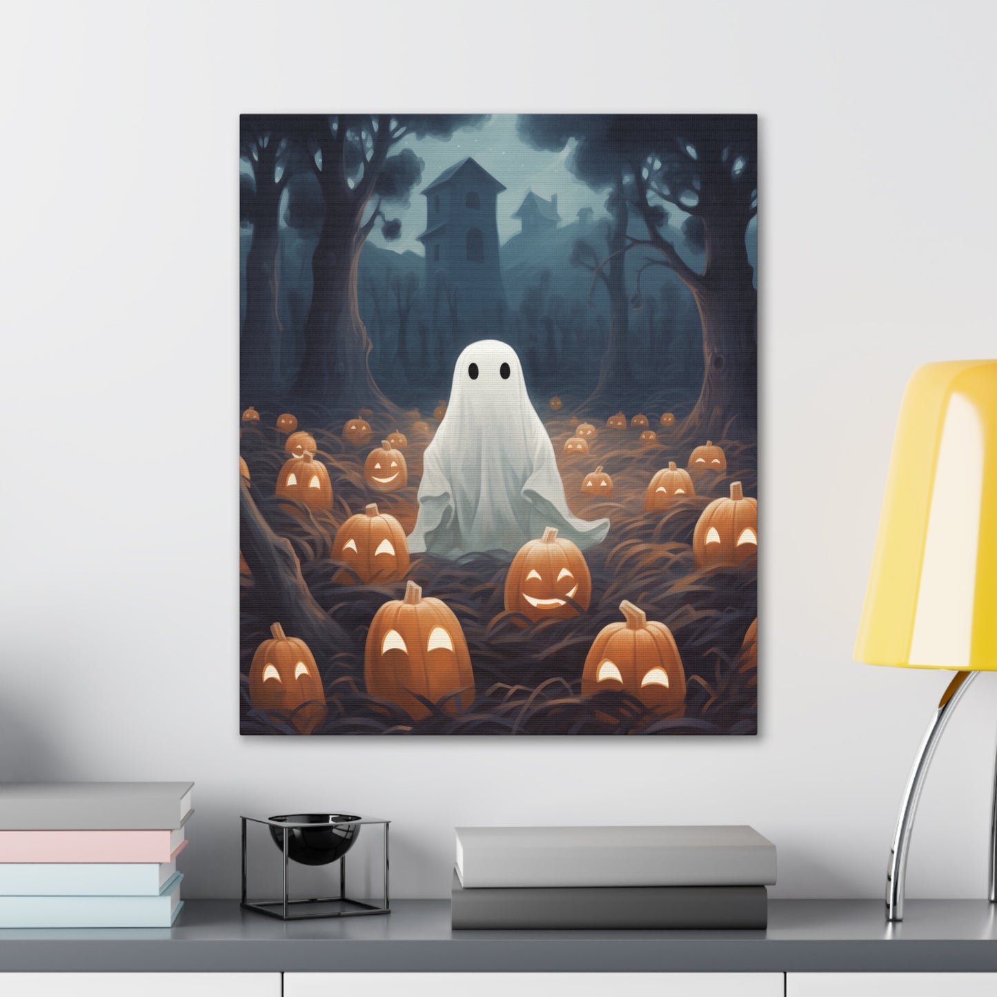 Ghost in Pumpkin Patch Canvas Wall Art