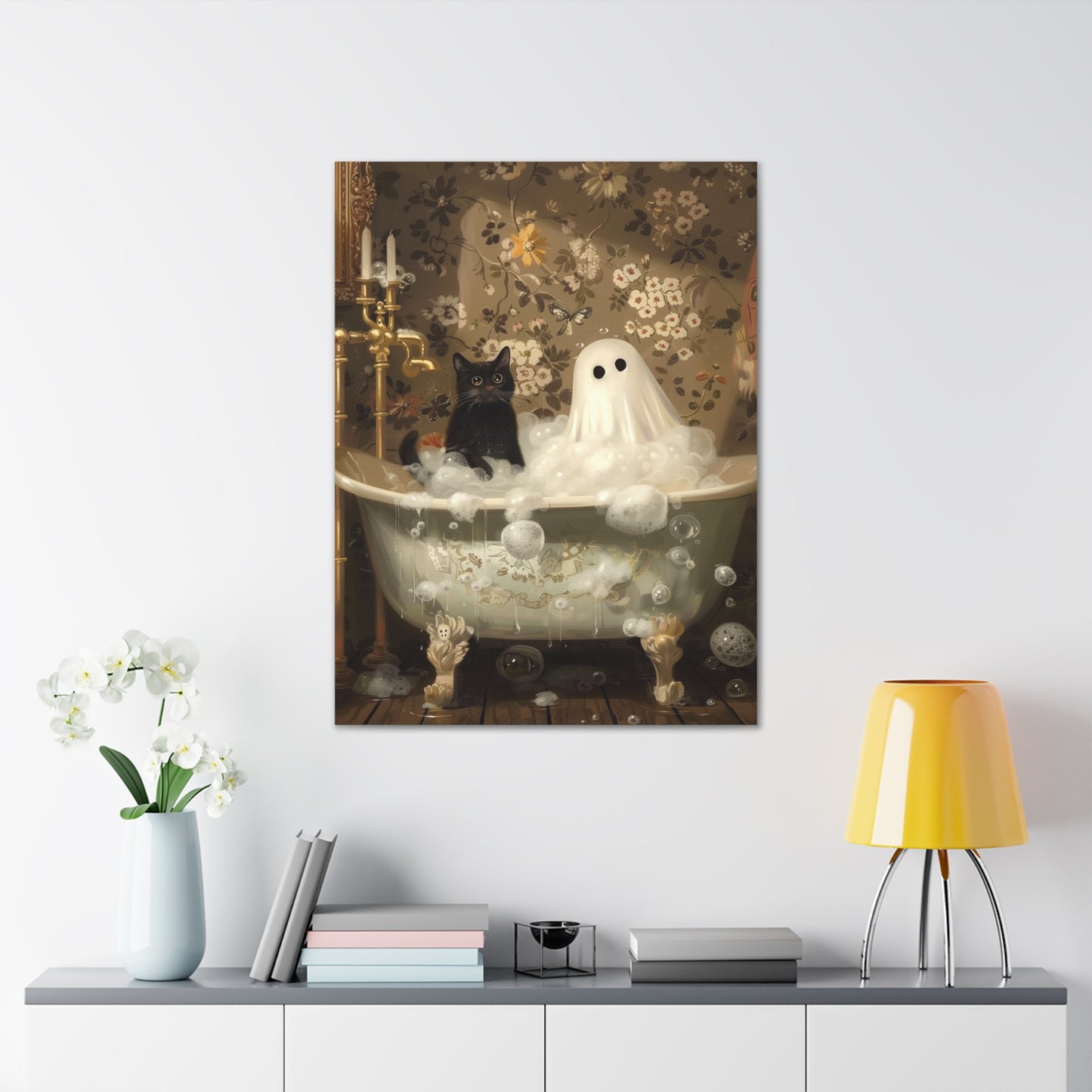 Ghost And Cat In Bathtub Canvas Wall Art