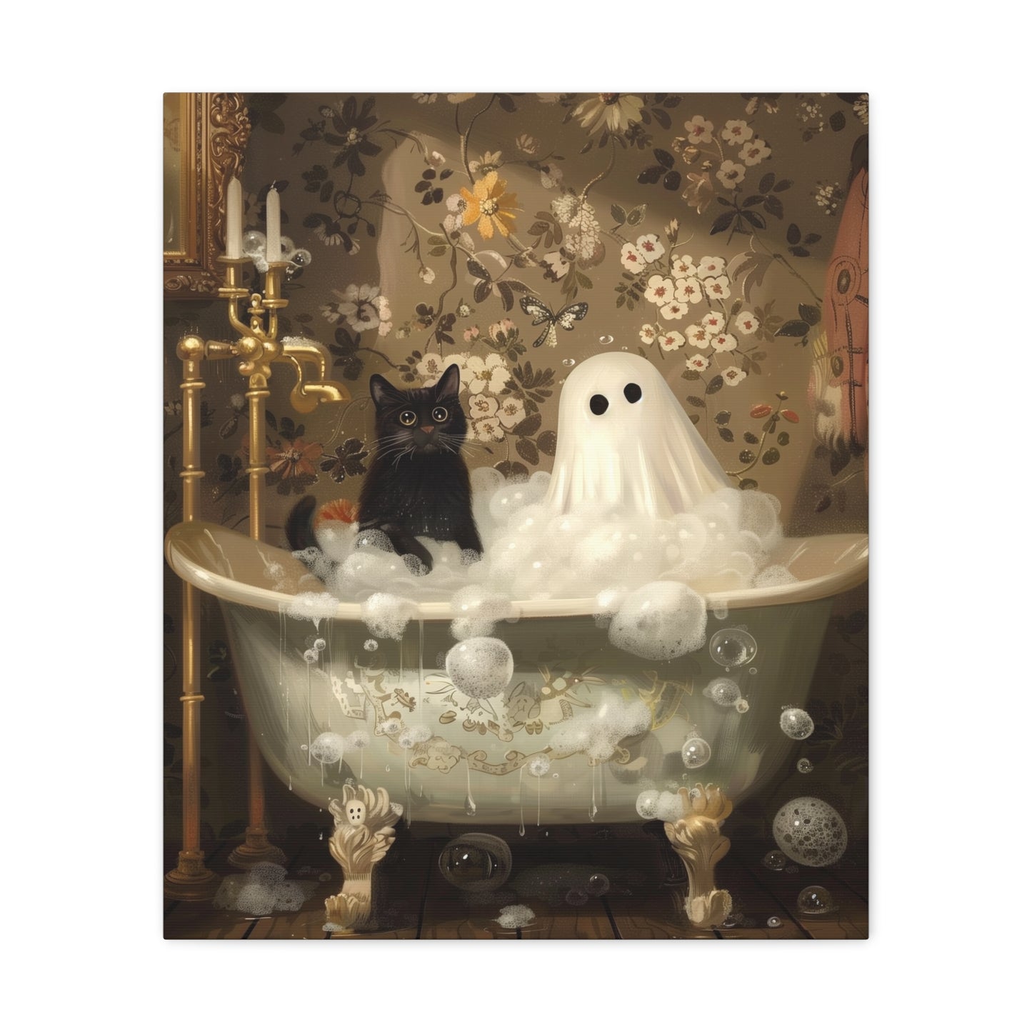 Ghost And Cat In Bathtub Canvas Wall Art