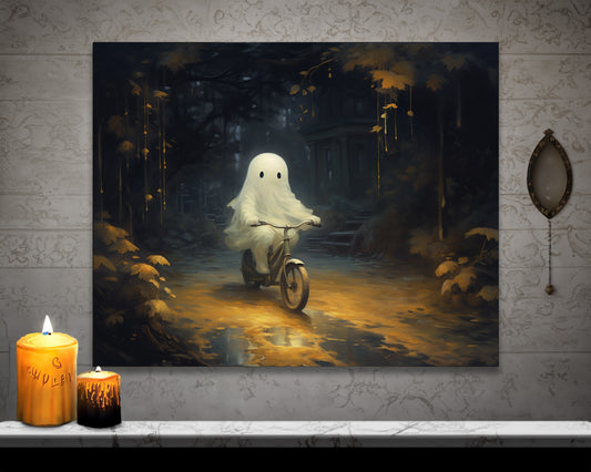 Ghost on Bike Wall Canvas Art Halloween Decor