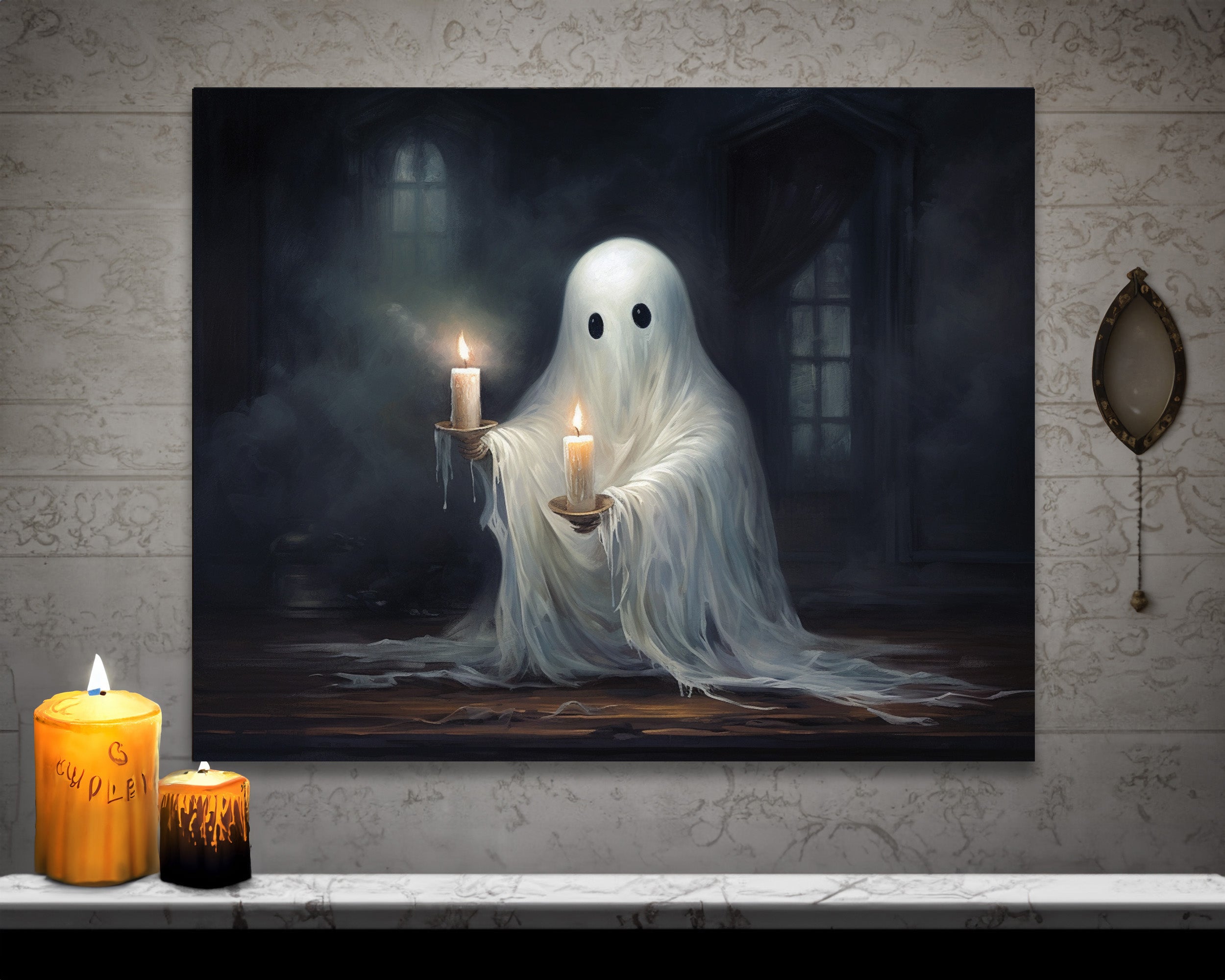 Ghost Holding Candles, Vintage Oil Painting, Halloween Decor, Canvas W ...