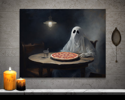 Ghost Eating Pizza Canavs Wall Art Halloween Decor