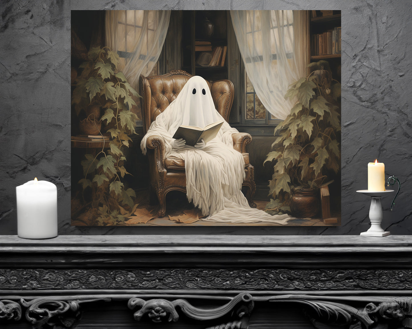 Ghost Reading Canvas Wall Art Halloween Decor