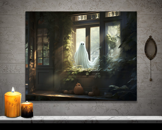 Ghost in Window Canvas Wall Art Halloween Decor