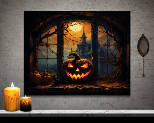 Pumpkin in Window Canvas Wall Art Halloween Decor